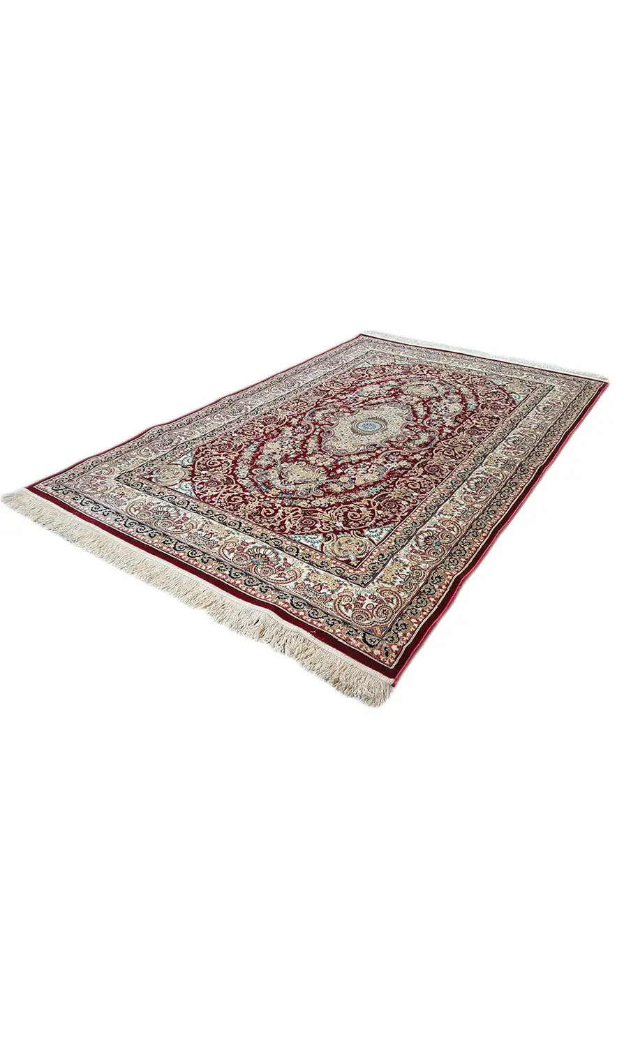 Machine-woven rug, central medallion, fine ornamental pattern, angular