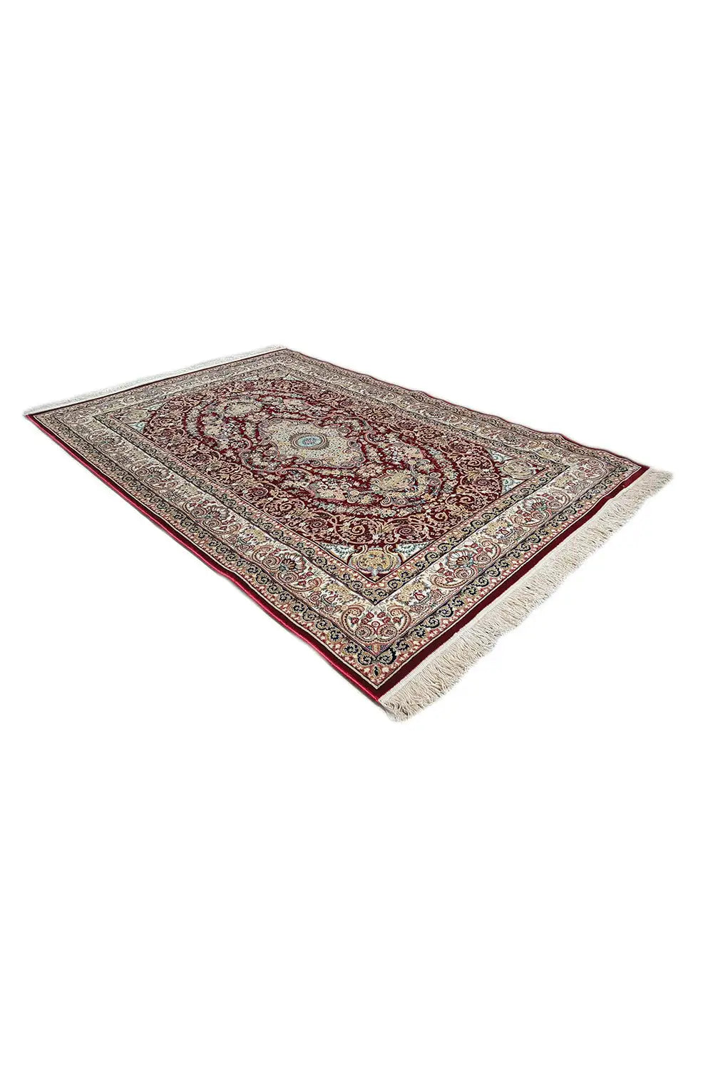 Machine-woven rug with a central medallion, border pattern, red and multicolored