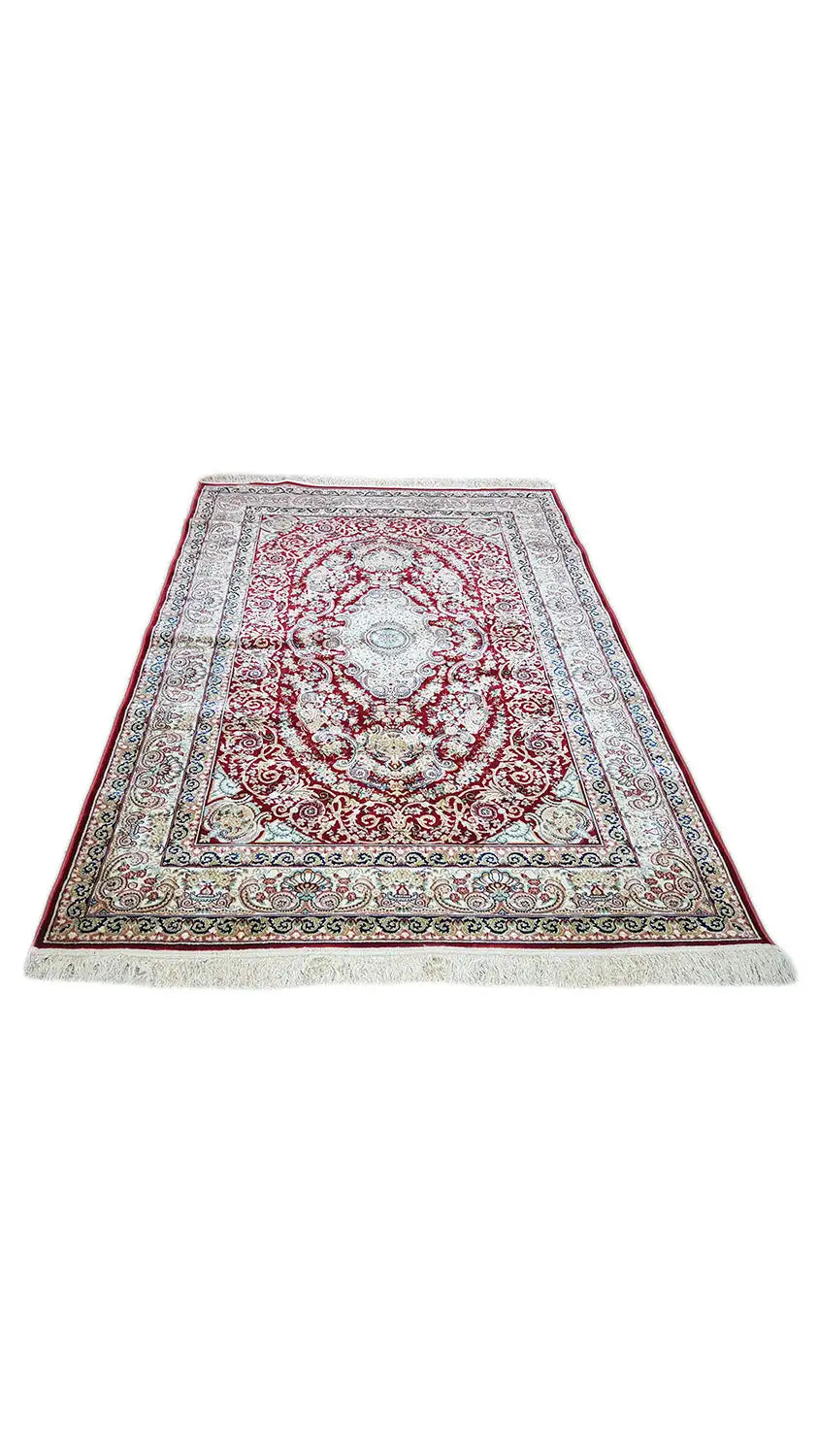Machine-woven rug, central medallion, red ornament, gray border