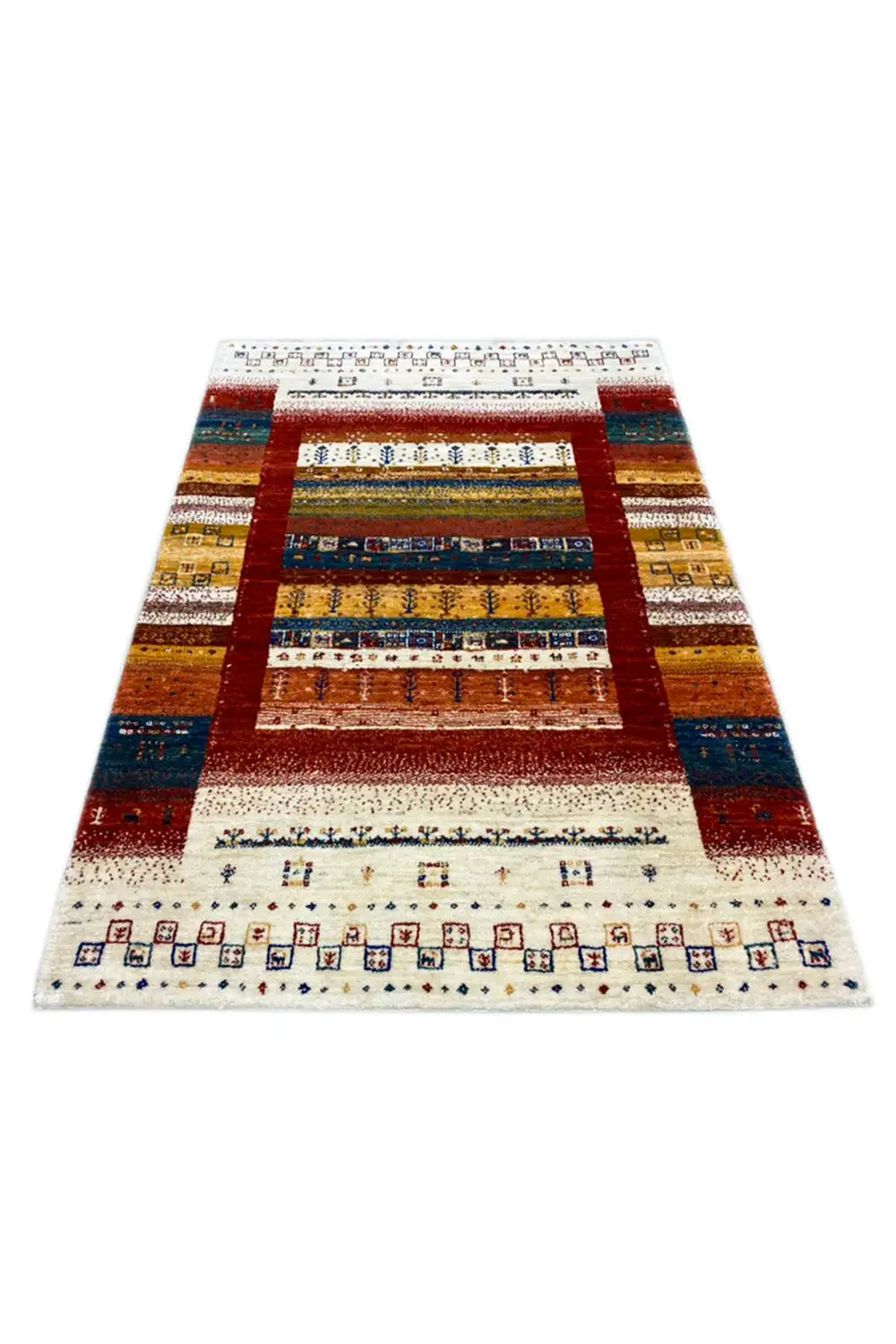 Gabbeh rug (140x97 cm) from above: central field with a red and blue border