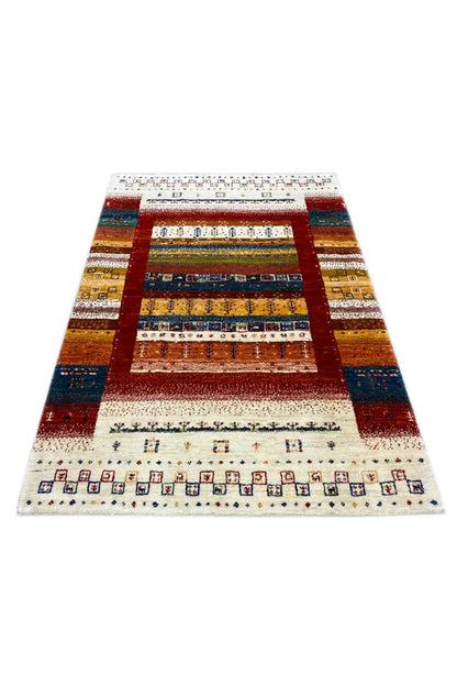 Gabbeh rug (140x97 cm) from above: central field with a red and blue border