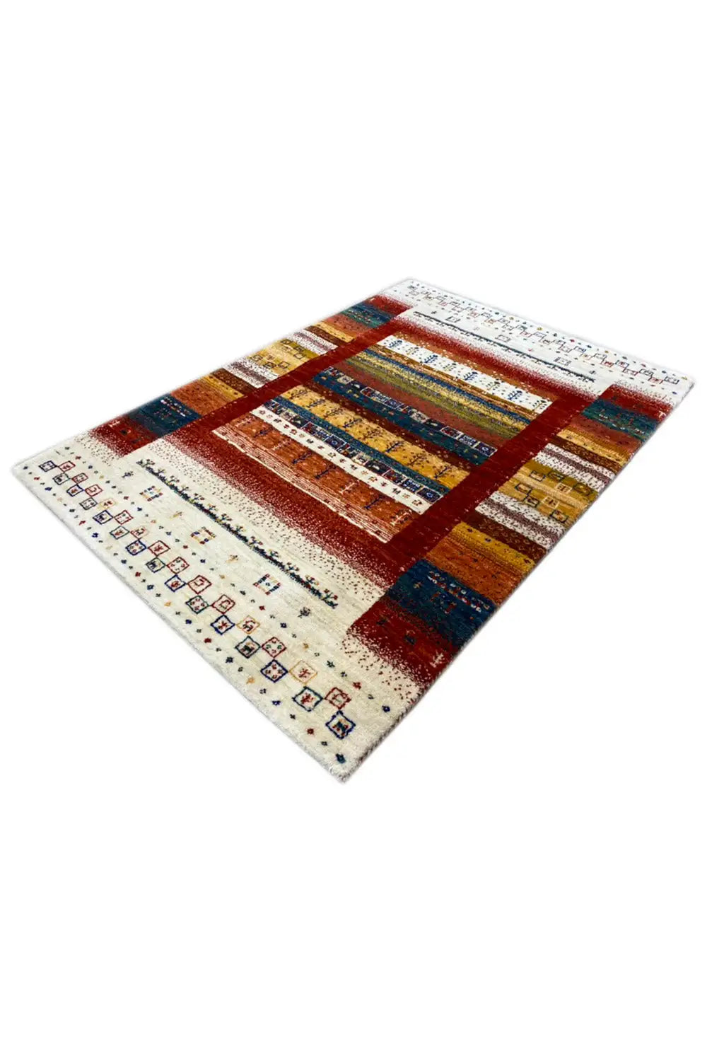 Gabbeh rug (140x97 cm), angled: rectangular fields in brown, blue, and cream