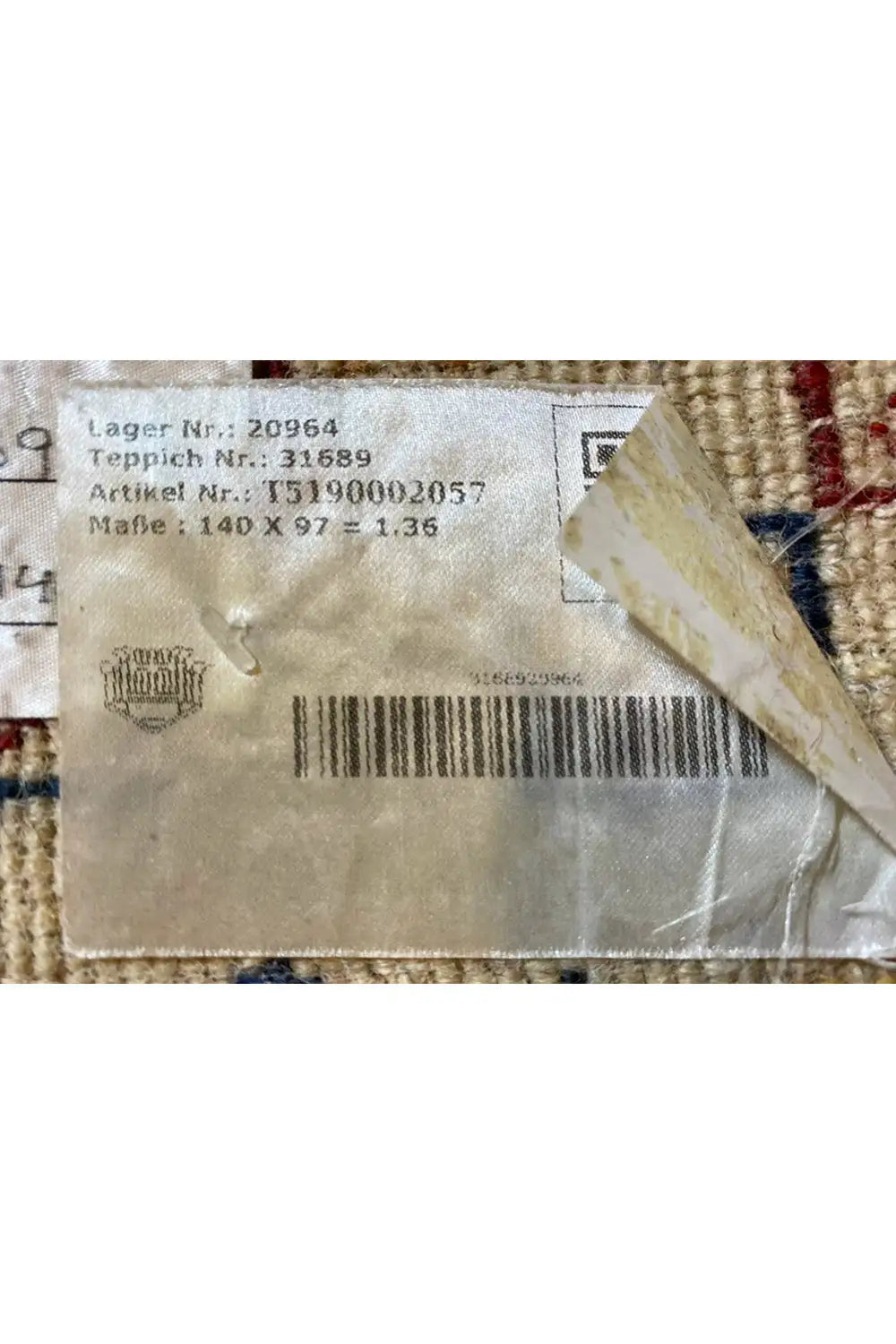 Gabbeh rug (140x97 cm) label detail on the back, with barcodes