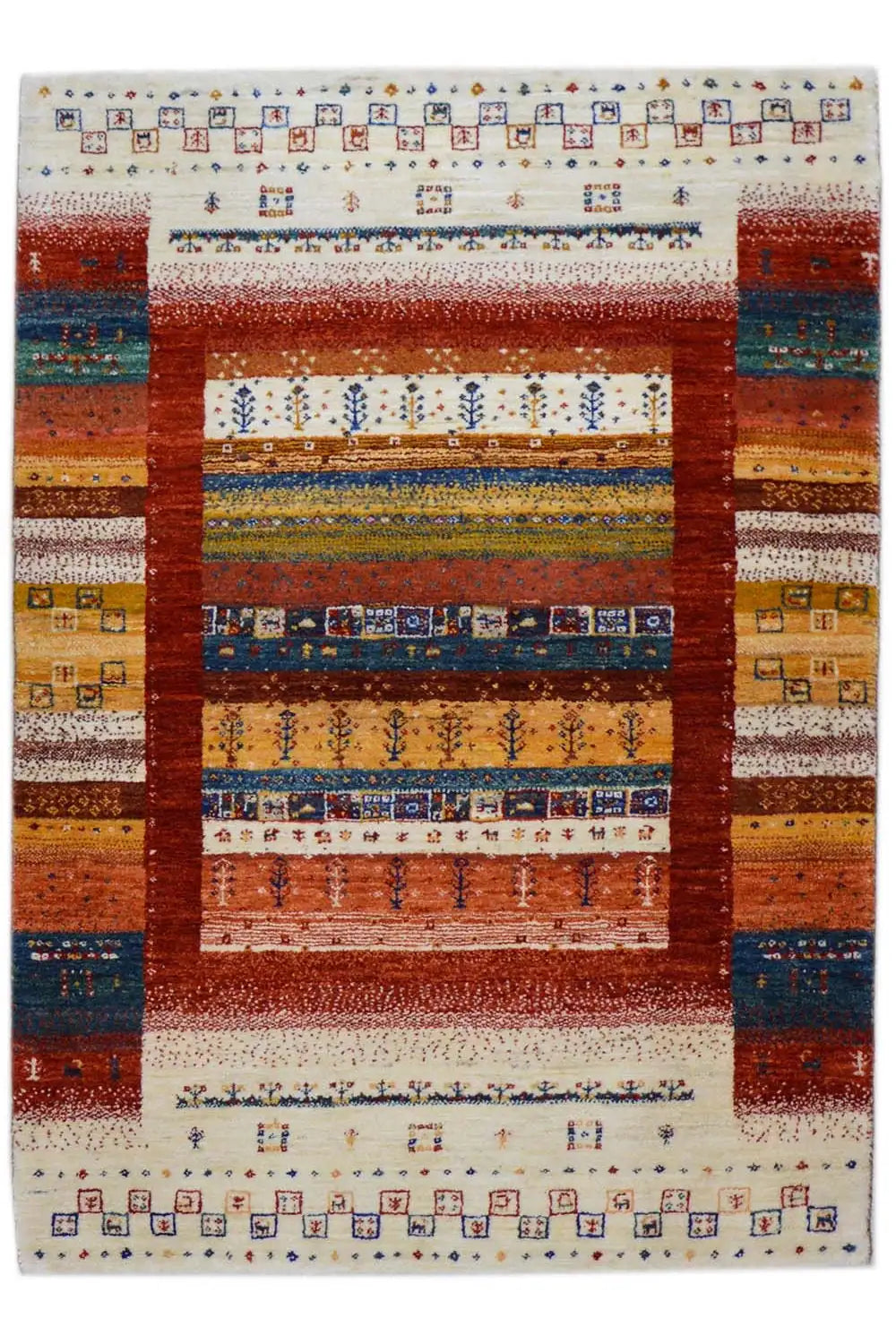Gabbeh rug (140x97 cm) with a geometric pattern in red, blue, and beige