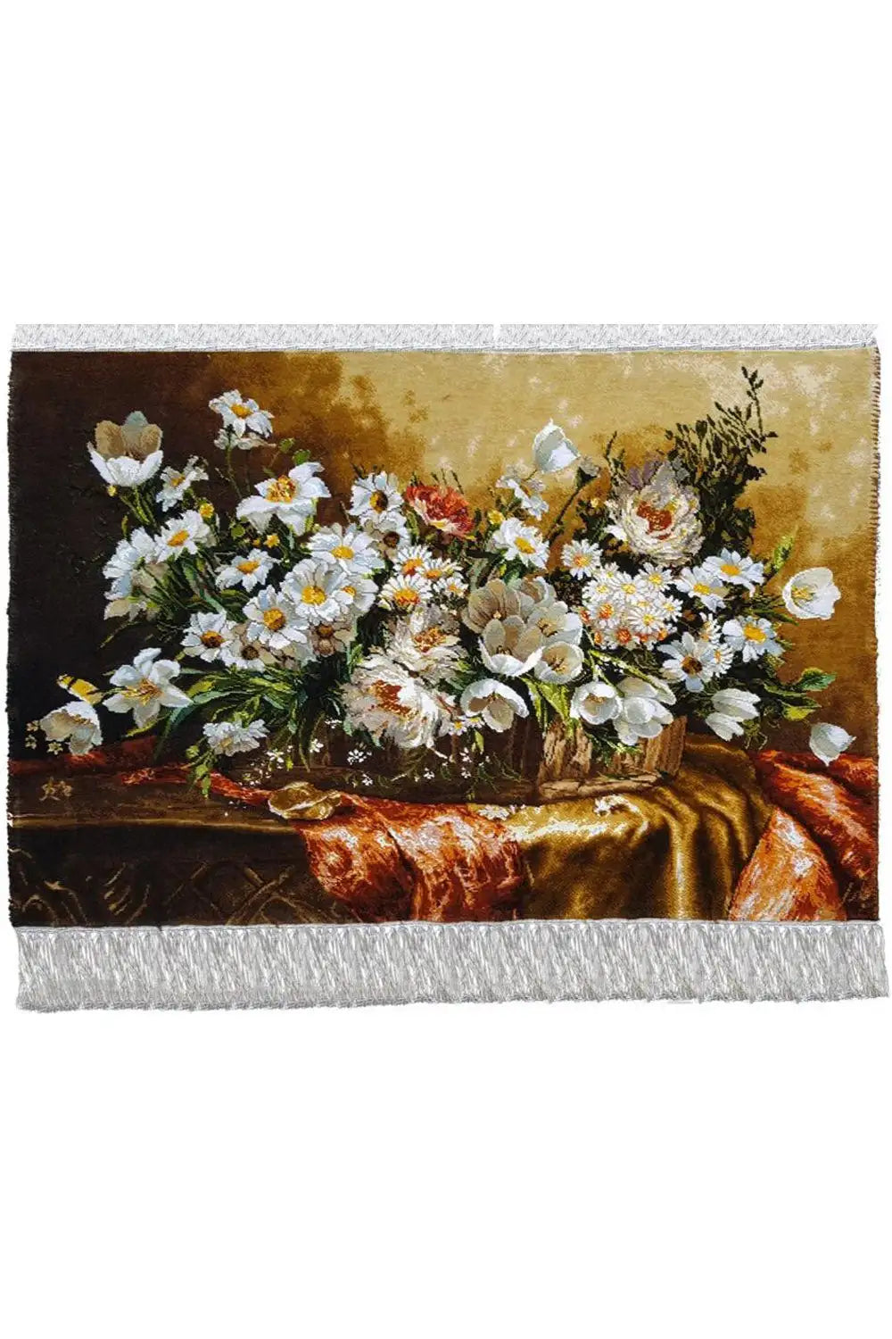 Rectangular picture tapestry with a bouquet of flowers and gold-colored cloth, white fringed edge