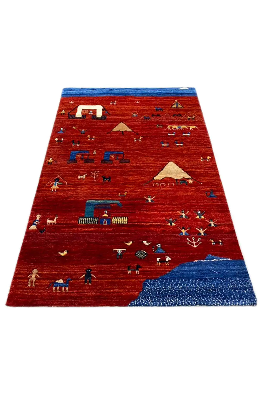 Gabbeh rug, red with a blue border and stylized figures, many small patterns