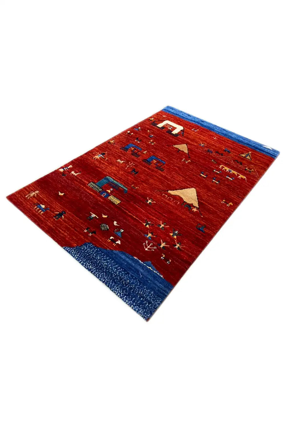 Gabbeh rug in a twisted view: red background, blue border, small colorful ornaments