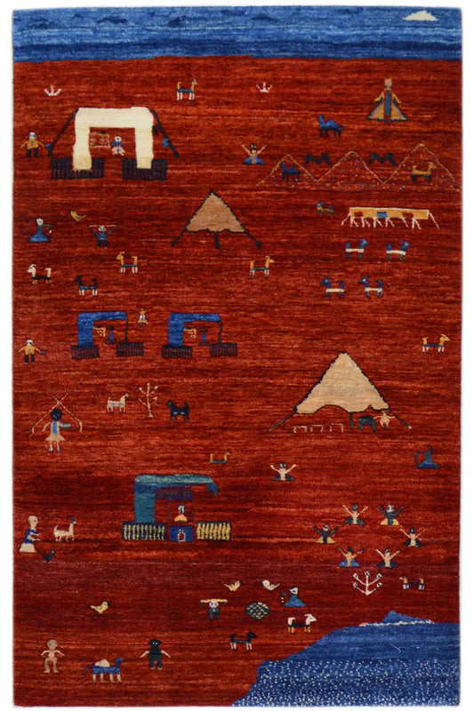 Gabbeh rug with a red field and blue border, many colorful mini motifs