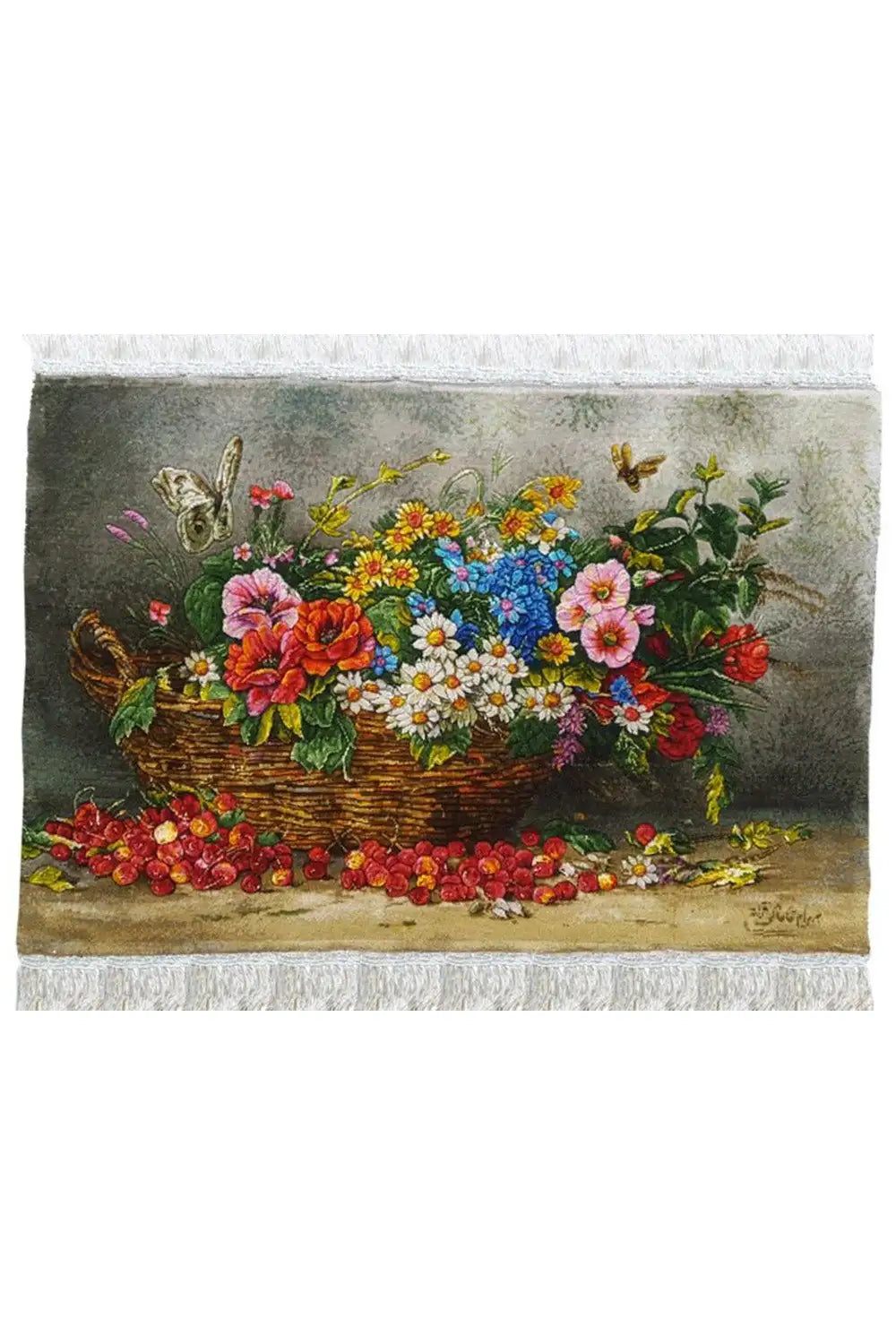 Picture rug with a colorful bouquet of flowers in a basket, rectangular, with bound edges