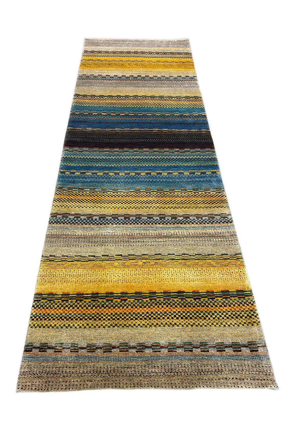 Gabbeh rug with a striped pattern in blue, yellow, and gray, rectangular