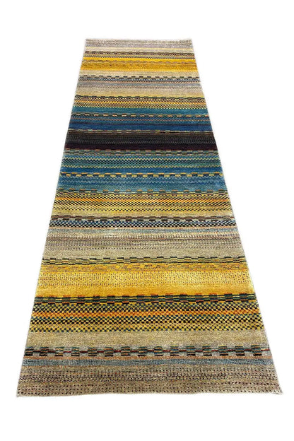 Gabbeh rug with a striped pattern in blue, yellow, and gray, rectangular