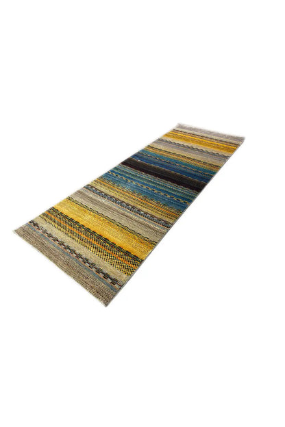 Gabbeh rug with diagonal stripes in yellow, blue and gray