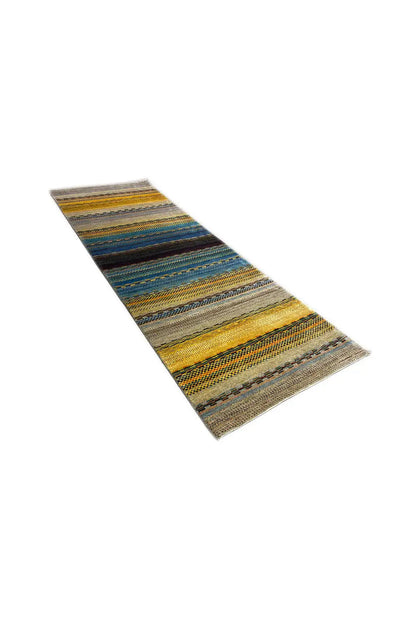Gabbeh rug with blue and yellow stripes on a light background