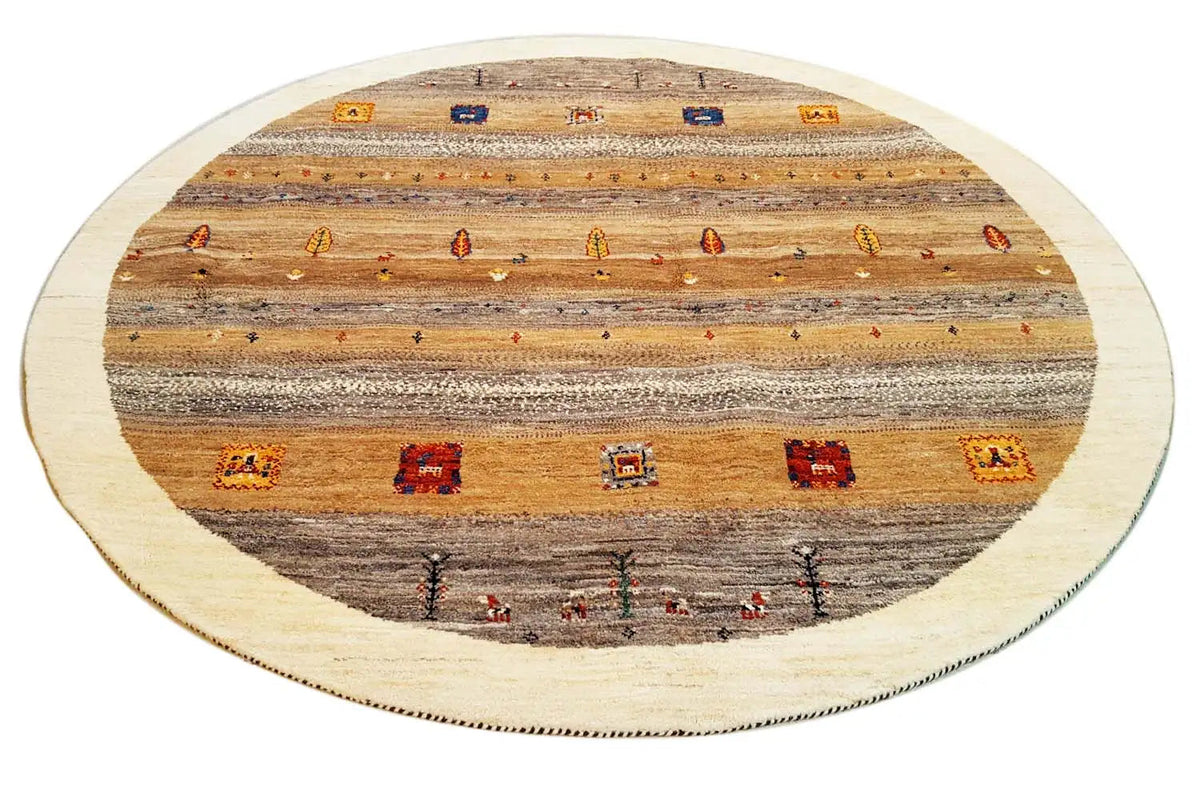 Gabbeh rug 189x189 cm, oval: horizontal patterns and colorful tiles