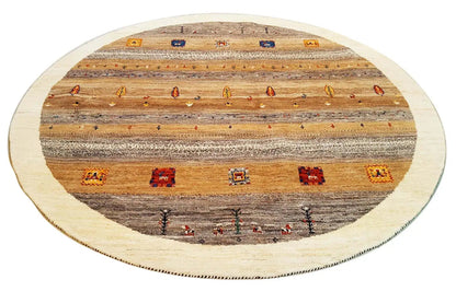 Gabbeh rug 189x189 cm, oval: horizontal patterns and colorful tiles