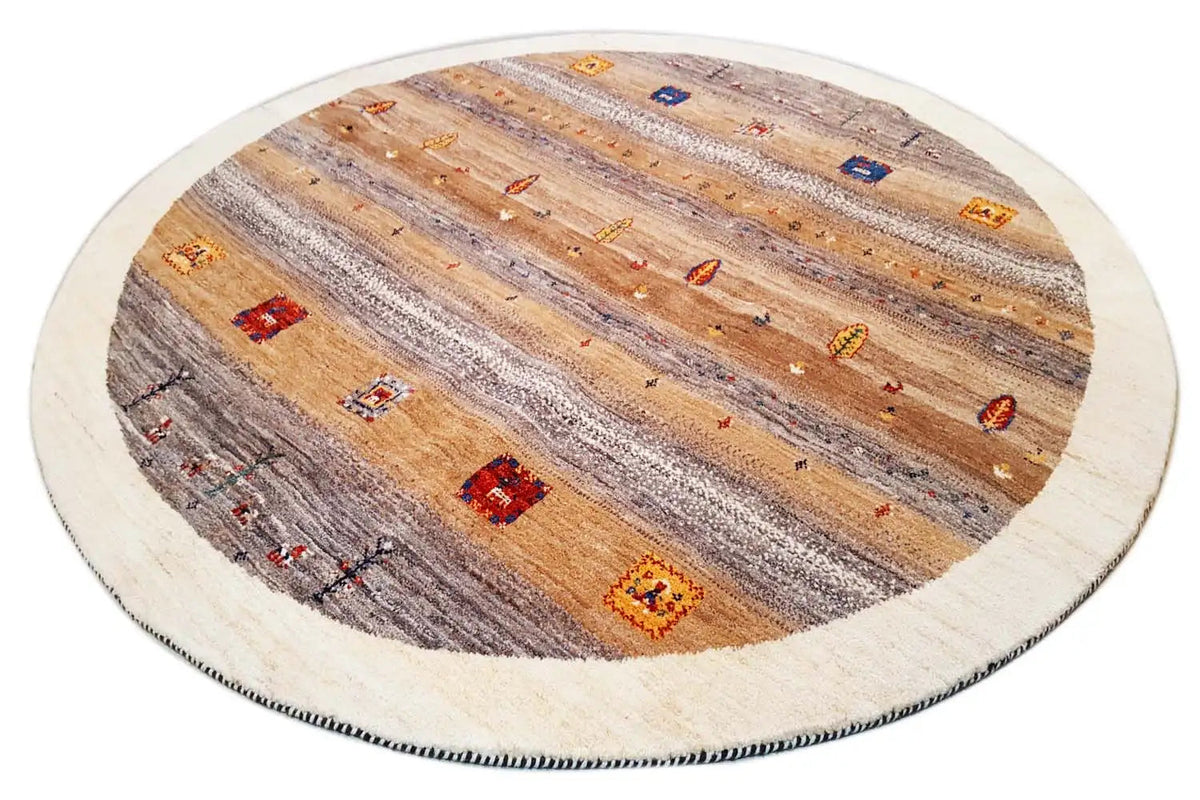 Gabbeh rug 189x189 cm, oval: muted brown/gray tones with colorful symbols