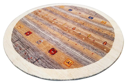 Gabbeh rug 189x189 cm, oval: muted brown/gray tones with colorful symbols