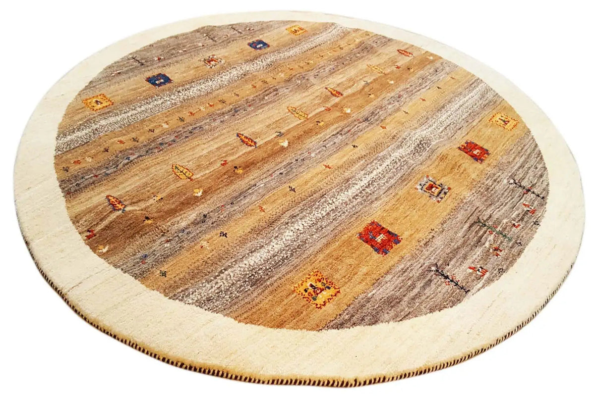 Gabbeh rug 189x189 cm, oval: rust-brown stripes, gray areas, and colorful ornaments