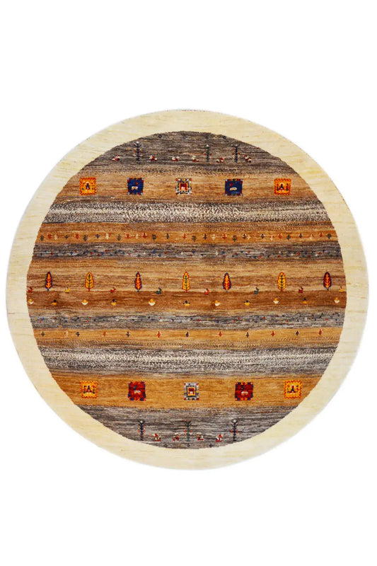 Gabbeh rug 189x189 cm, oval: multicolored stripes with small ornaments