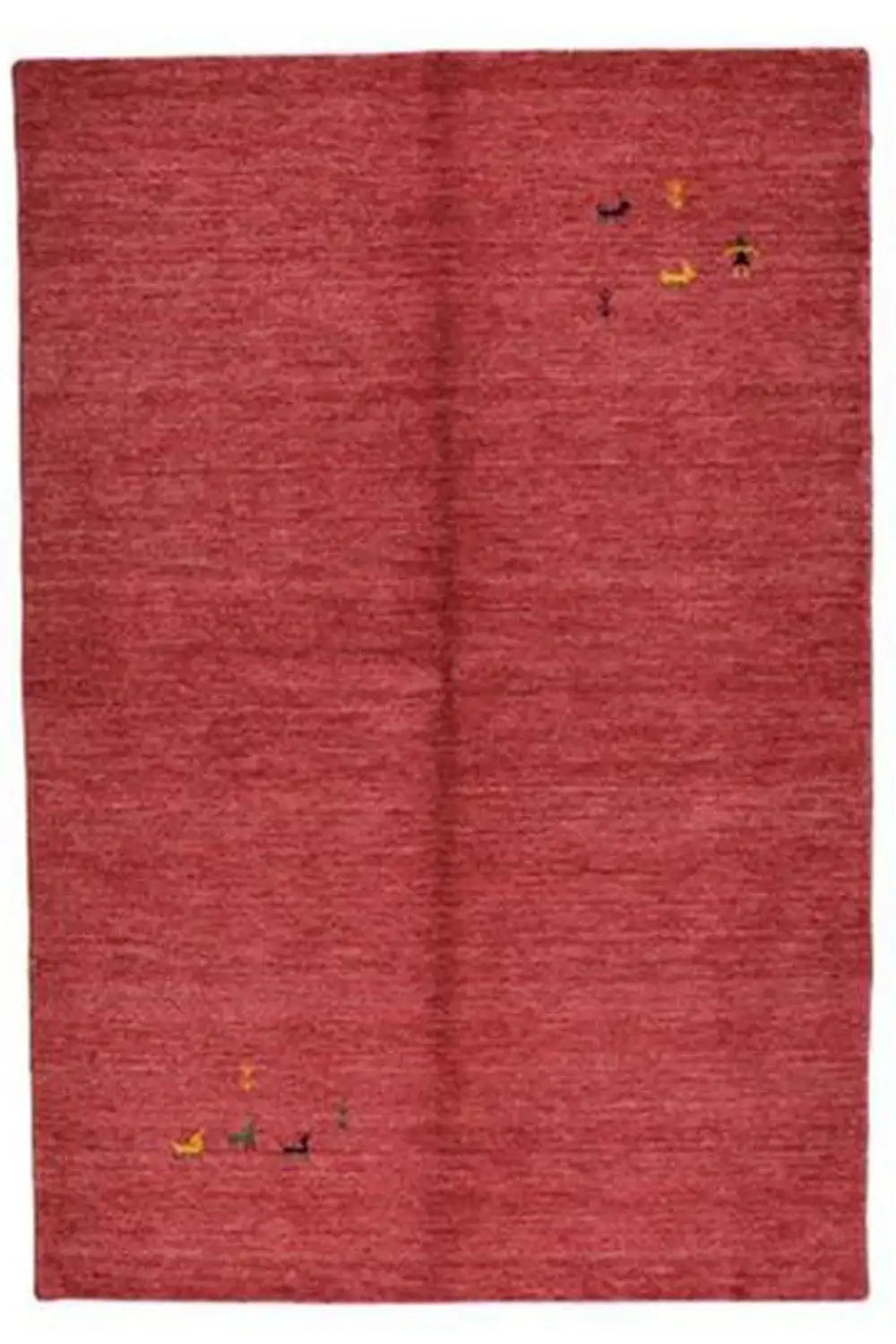 Red Gabbeh rug with a central seam and small animal motifs in yellow and green