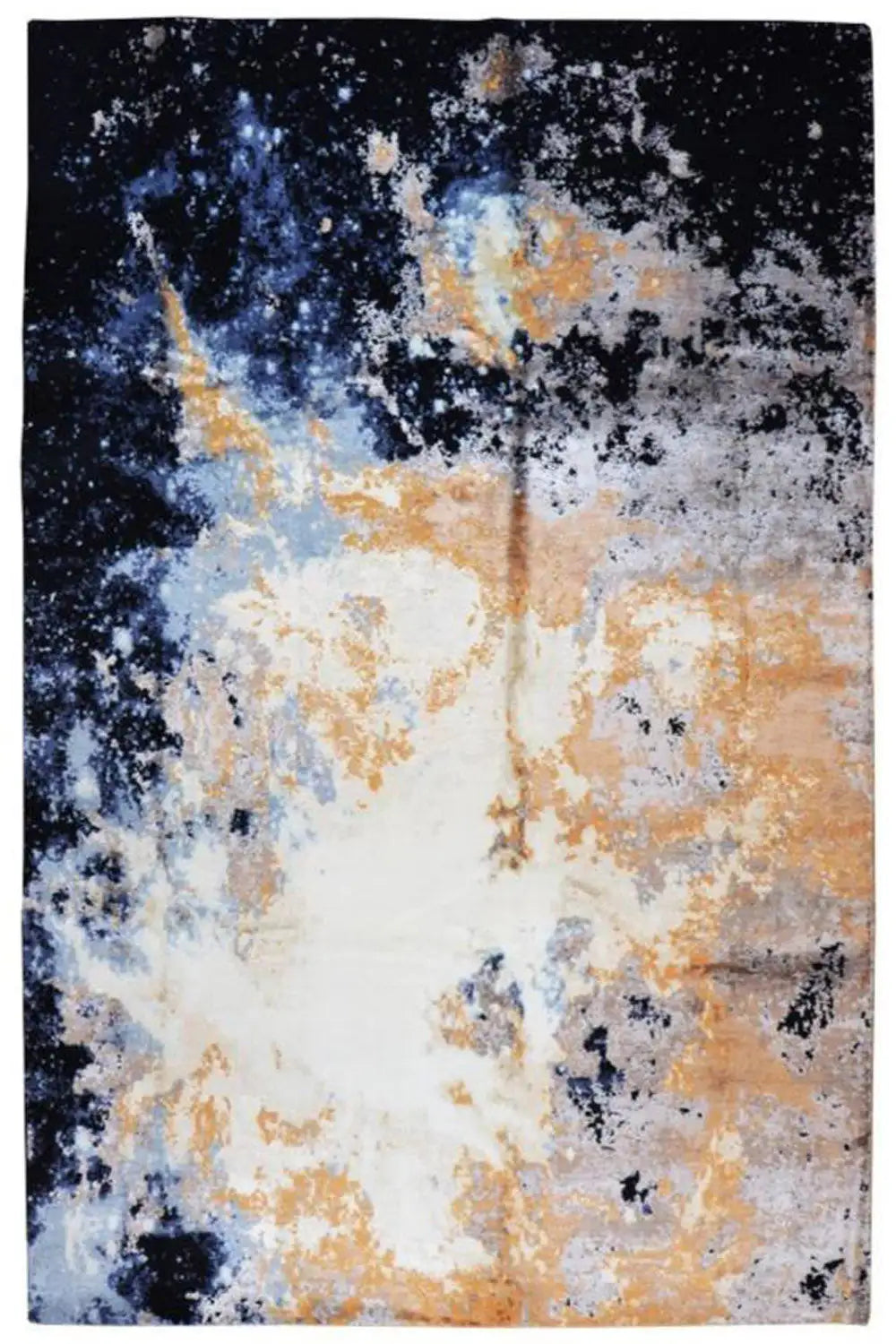Rug with a large-scale abstract pattern in dark blue, beige, gray, and orange