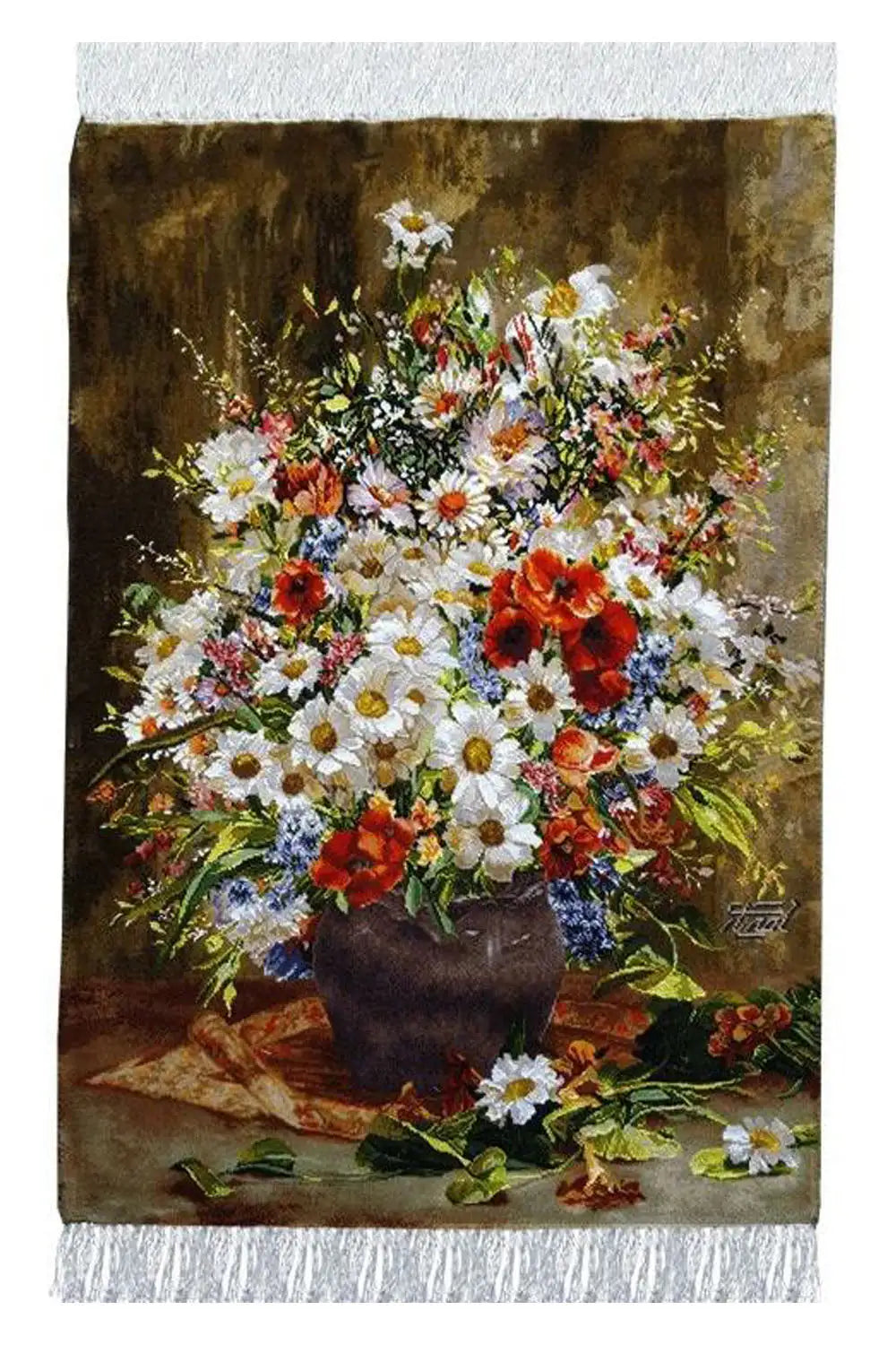 Carpet picture 83x57 cm, front: bouquet of flowers in a dark vase, with fringe and decorative frame.