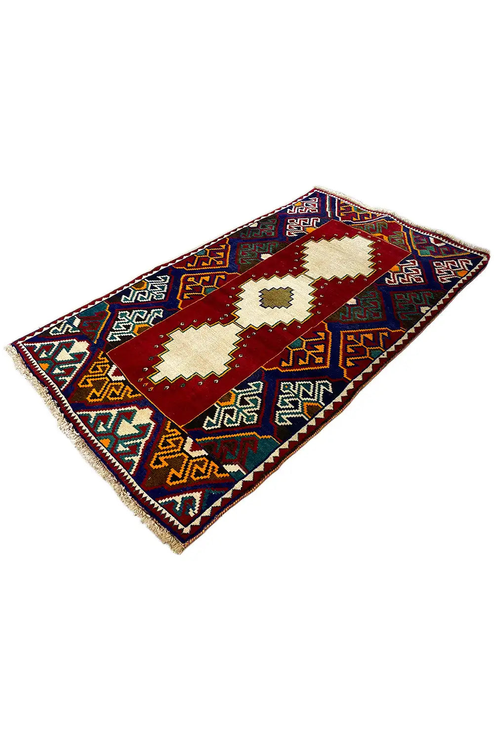 Gabbeh rug, diagonal: red band motif, cream medallions, blue ornaments