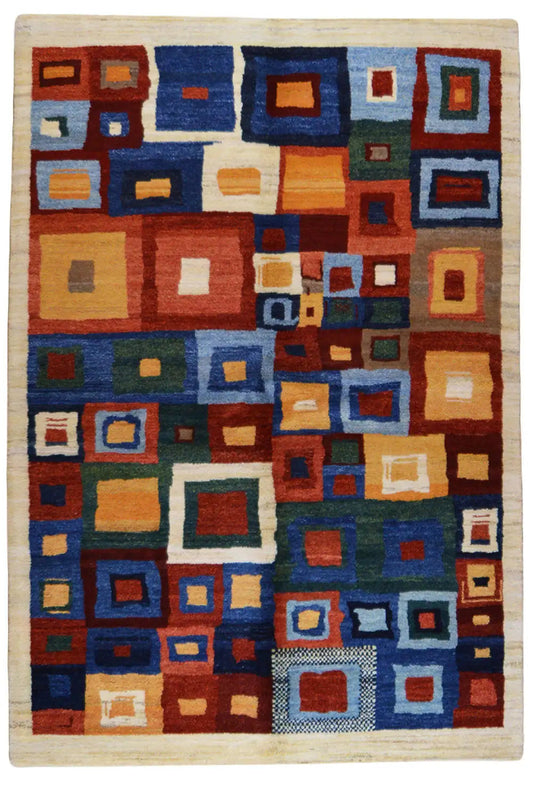 Carpet surface with a dense square pattern in blue, red, orange, and cream