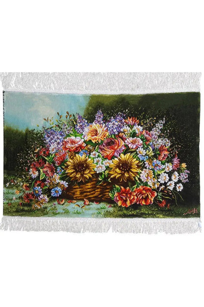 Floral tapestry with fringes, rectangular, basket of colorful flowers against a green/blue background