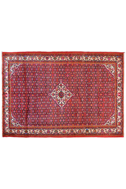 Hamedan oriental rug, red pattern with medallion and red border, rectangular