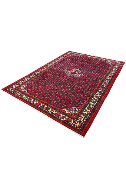 Rectangular Hamedan Oriental rug, red all-over pattern with a medium medallion