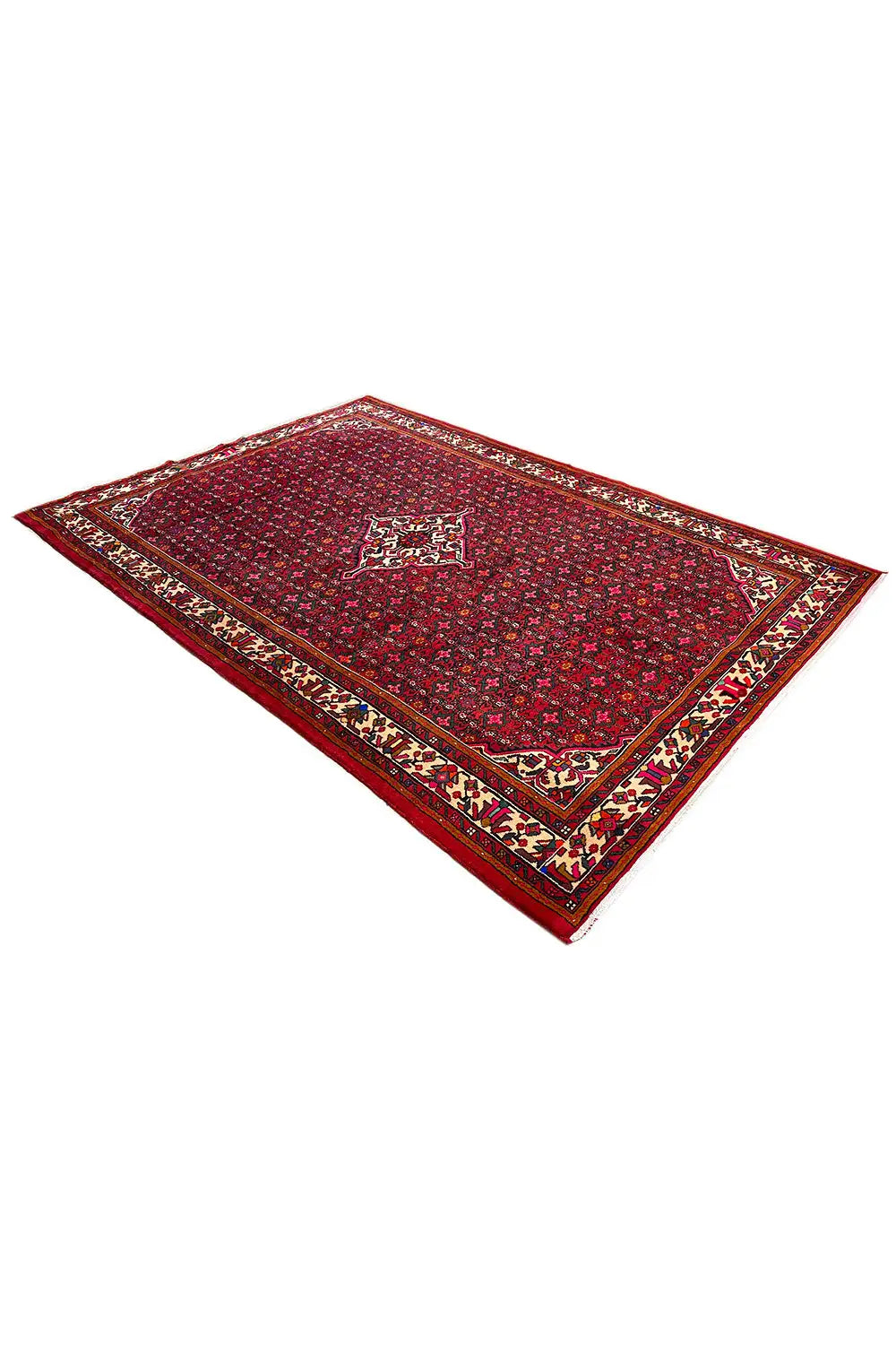 Rectangular Hamedan oriental rug, red medallion design with a multicolored border