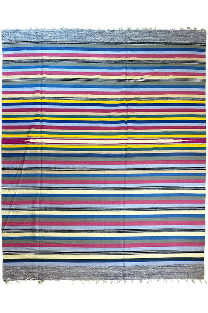 Kilim dhurrie rug with multicolored horizontal stripes and fringes, 200x300 cm