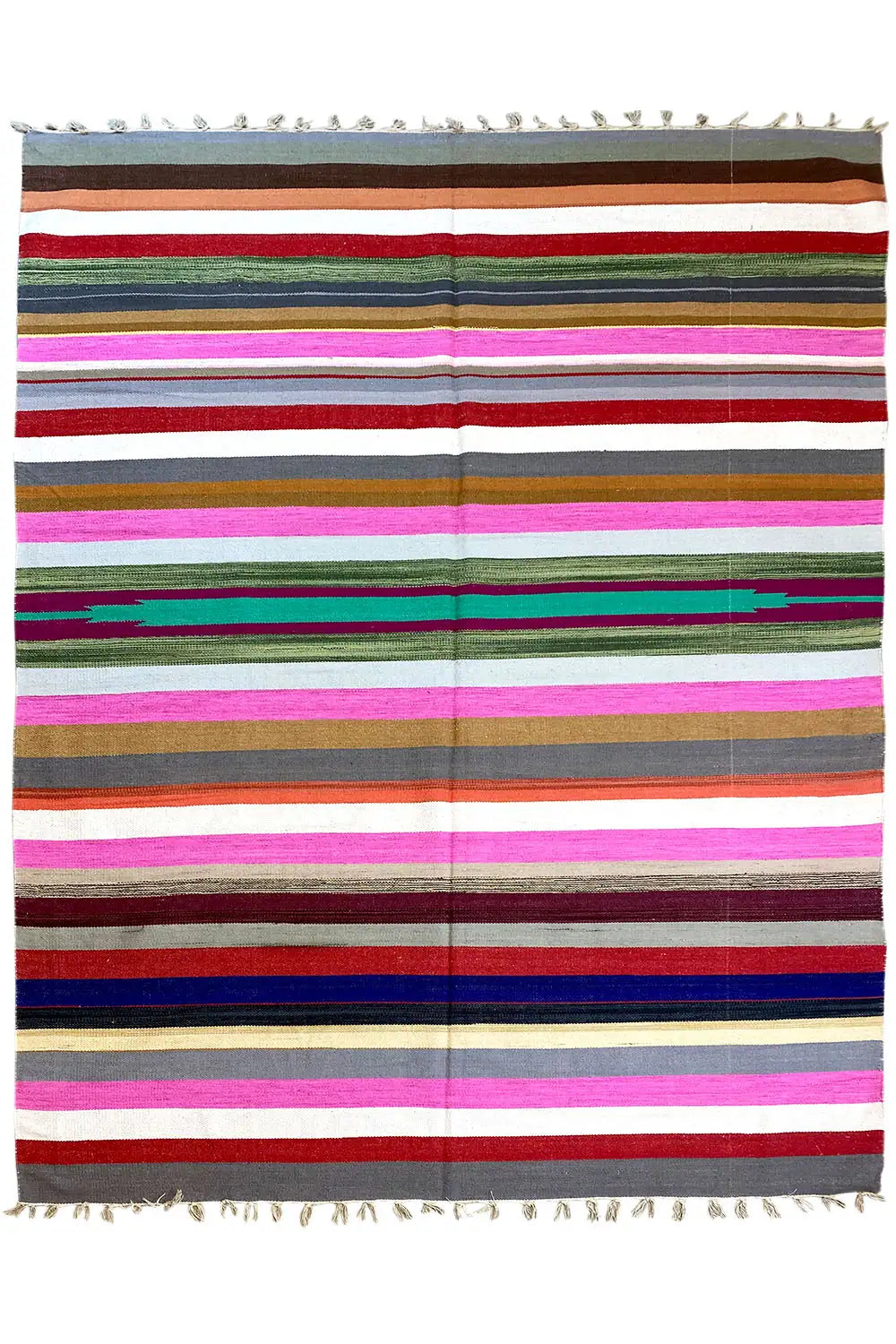Kelim dhurrie rug with colorful horizontal stripes and fringes, 170x240 cm