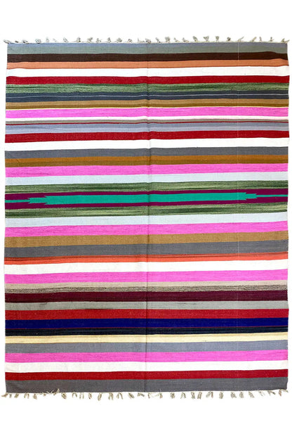 Kelim dhurrie rug with colorful horizontal stripes and fringes, 170x240 cm