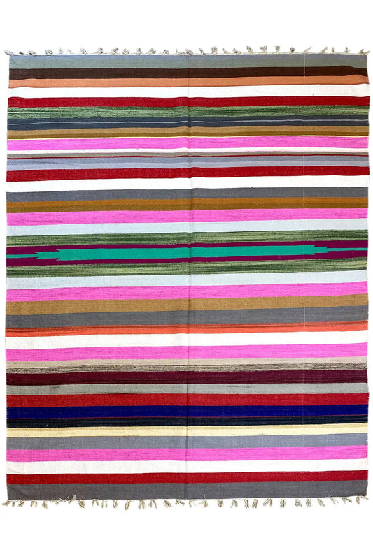 Kelim dhurrie rug with colorful horizontal stripes and fringes, 170x240 cm