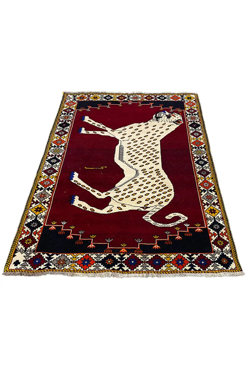 Gabbeh rug with an animal motif in beige on dark red, rectangular with a decorative border trim