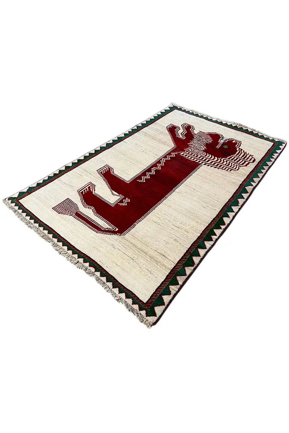Gabbeh rug, beige background with a red elongated motif and green border