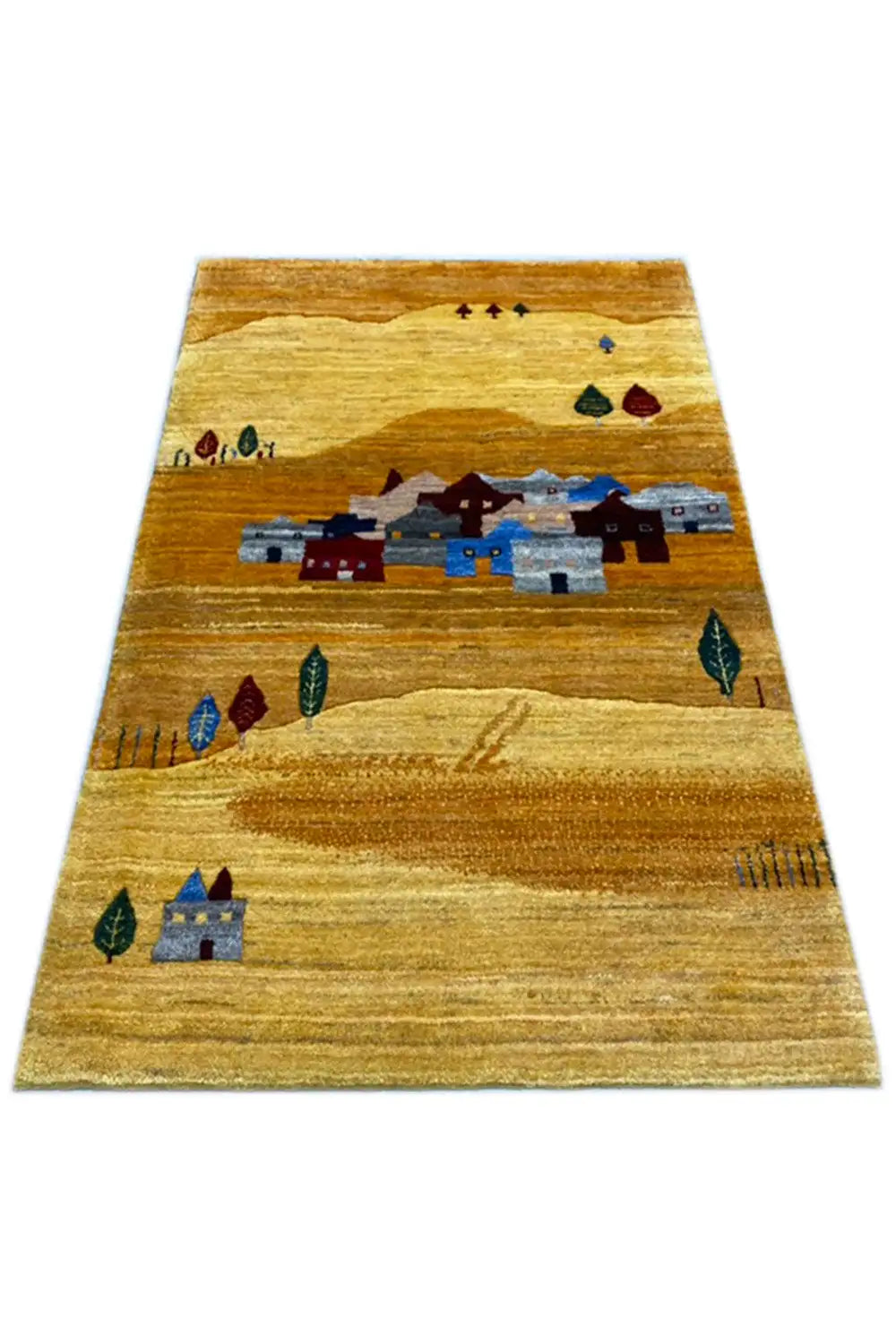 Gabbeh rug 116 x 77 cm, flat-woven with houses, trees, and fields