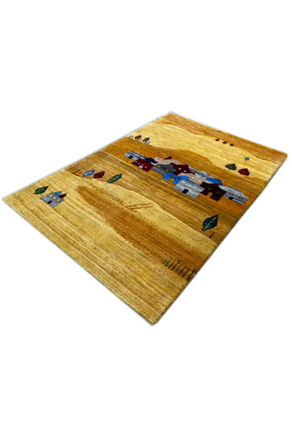 Gabbeh rug 116 x 77 cm, photographed diagonally, housescape with colorful details