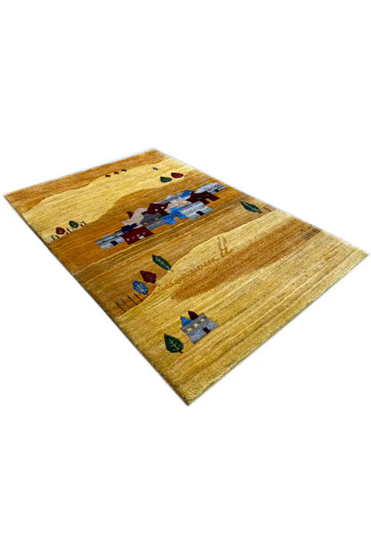 Gabbeh rug 116 x 77 cm, diagonal, pattern with houses, trees, and paths