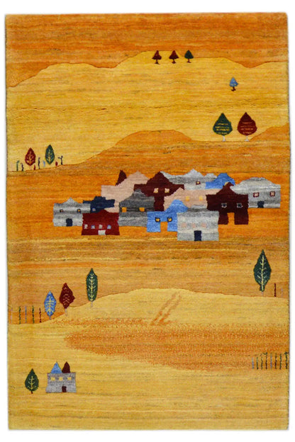 Gabbeh rug 116 x 77 cm with houses, trees, and abstract landscape forms