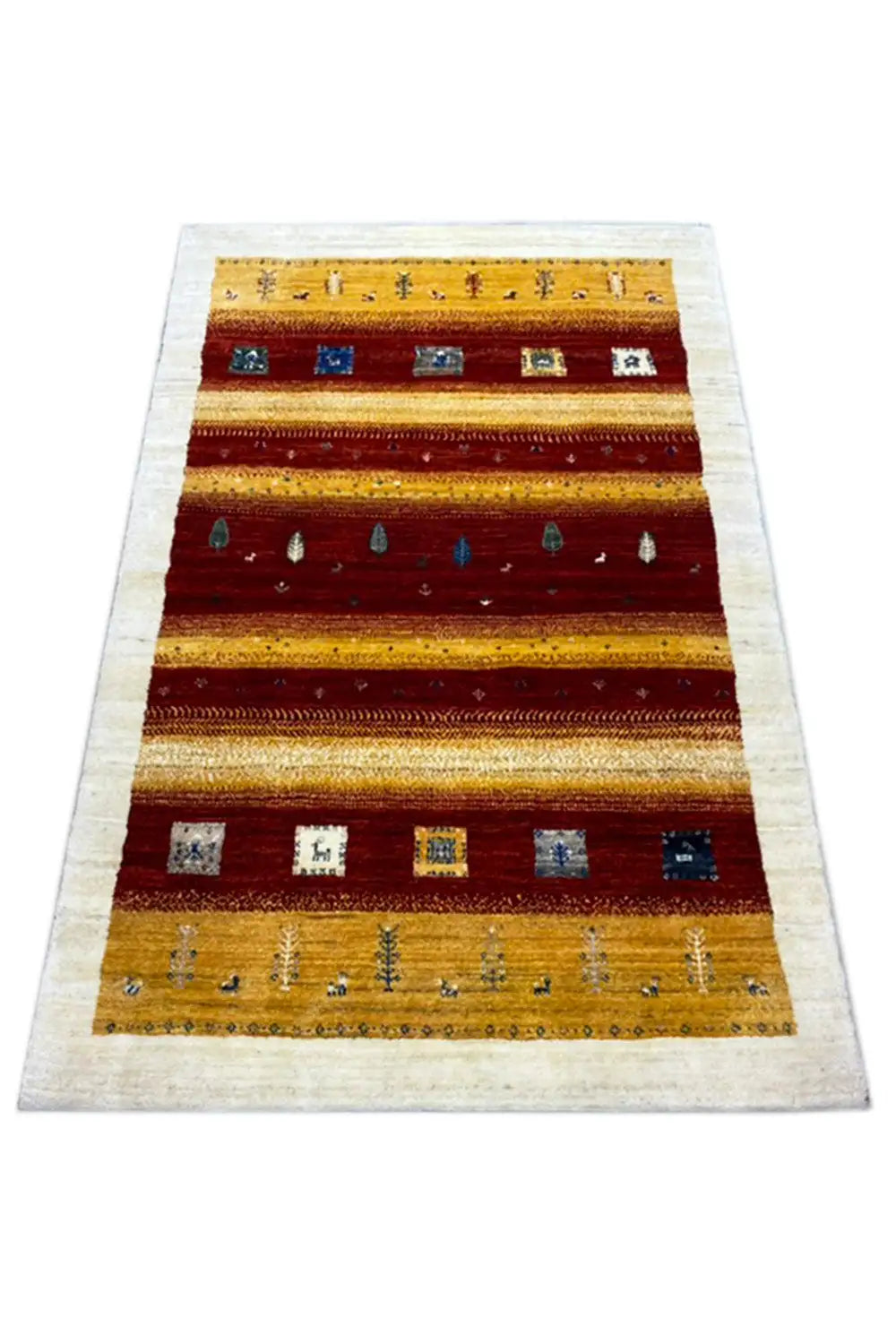Gabbeh rug 149x99 cm, laid flat: stripes with small symbols in red/yellow