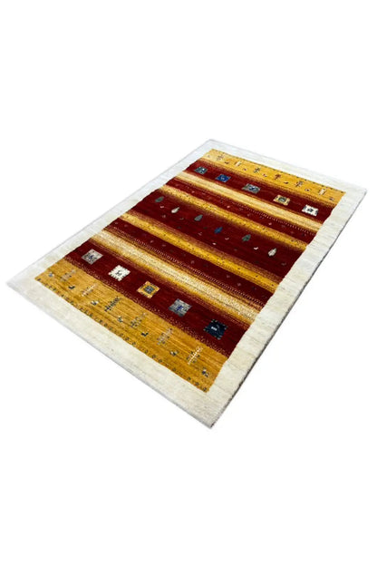 Gabbeh rug, 149x99 cm, shown in diagonal view: red and yellow stripes with patterns