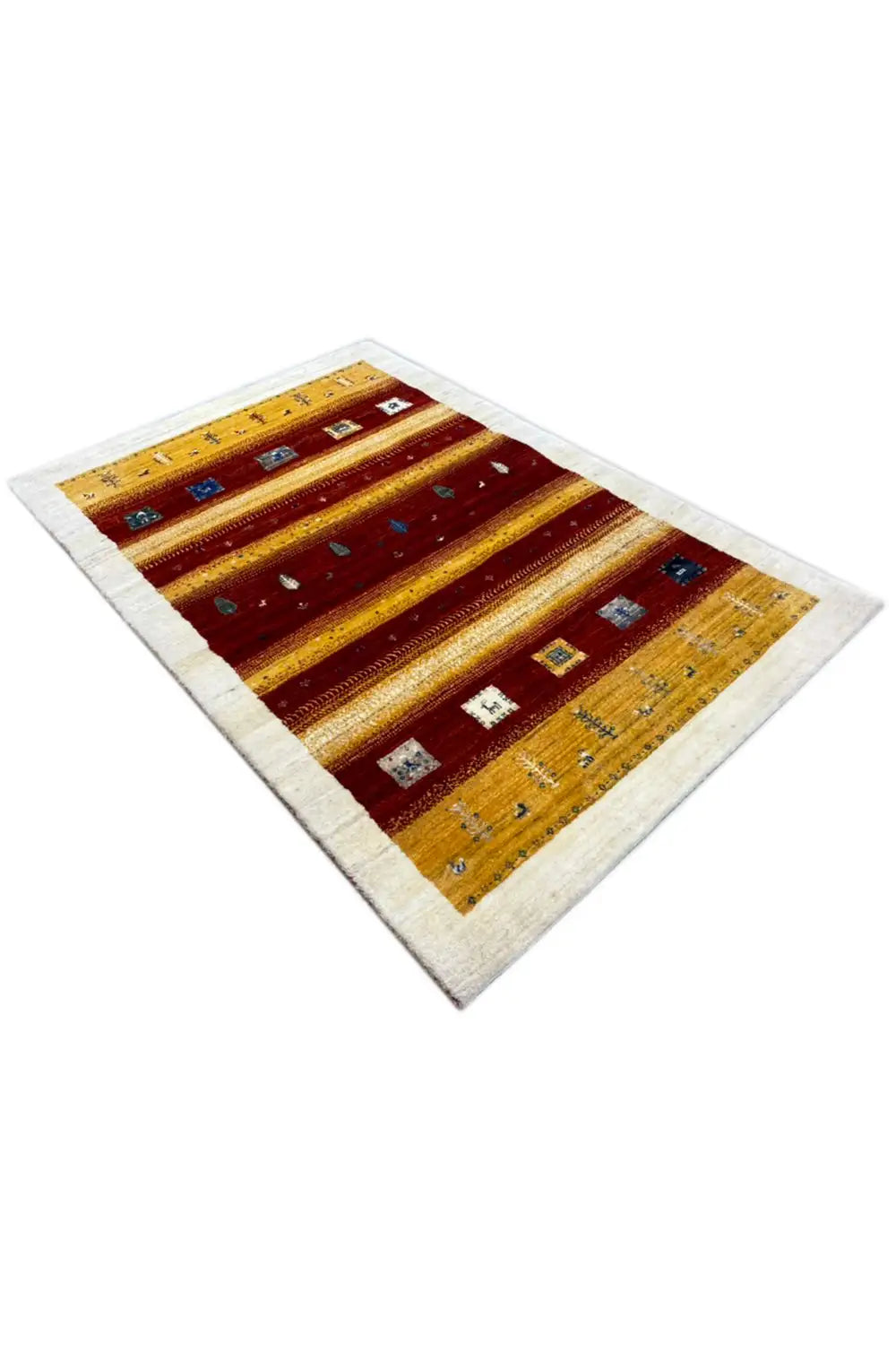 Gabbeh rug 149x99 cm with colored stripes and border lines, viewed diagonally