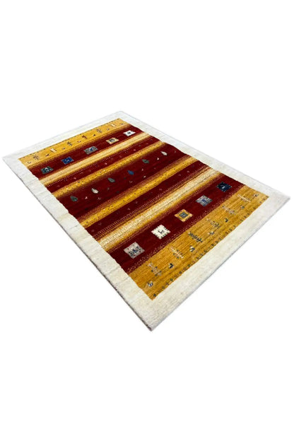 Gabbeh rug 149x99 cm with colored stripes and border lines, viewed diagonally