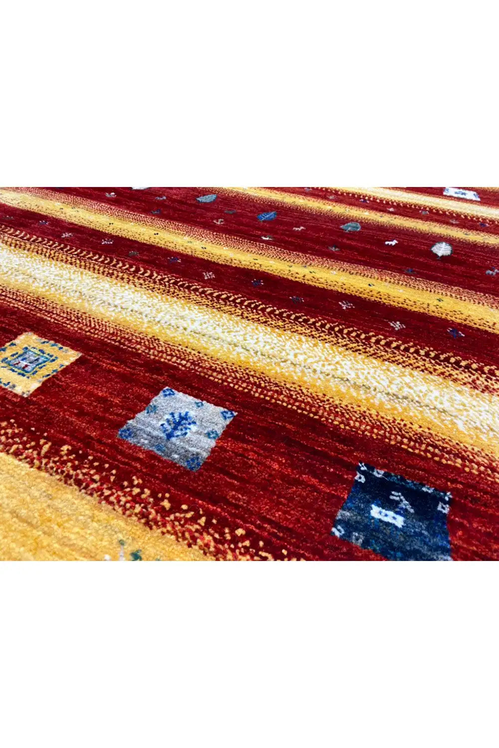 Gabbeh rug 149x99 cm close-up: geometric fields and splashes of red/yellow