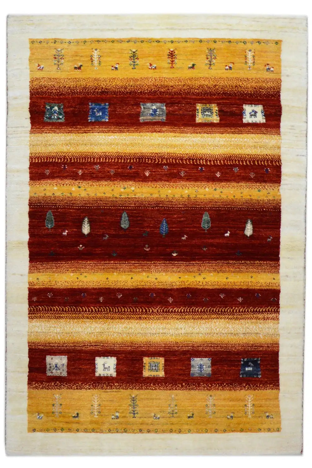 Gabbeh rug 149x99 cm with a striped pattern in red, yellow, and blue