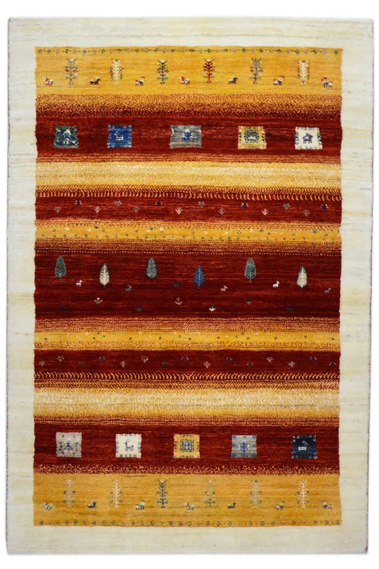 Gabbeh rug 149x99 cm with a striped pattern in red, yellow, and blue