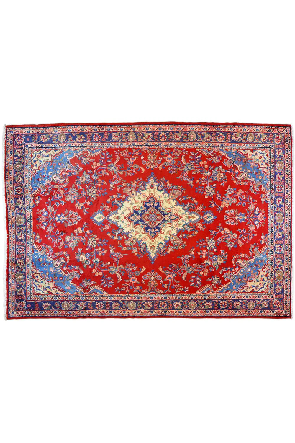 Rectangular rug with a red background and a blue-and-red ornamental pattern